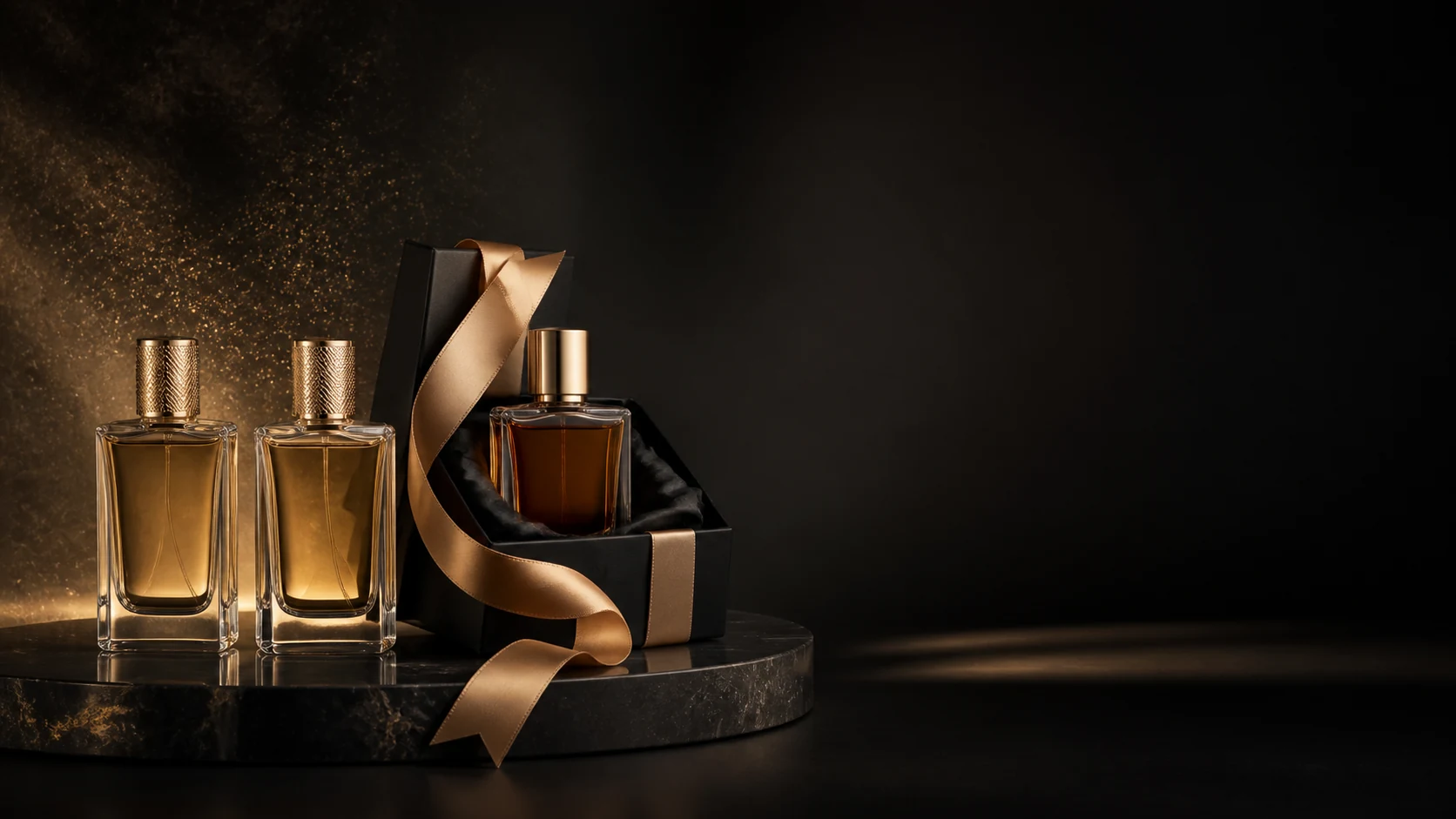 عطور وعلبة هدايا بتفاصيل ذهبية من هوية DubaiWay